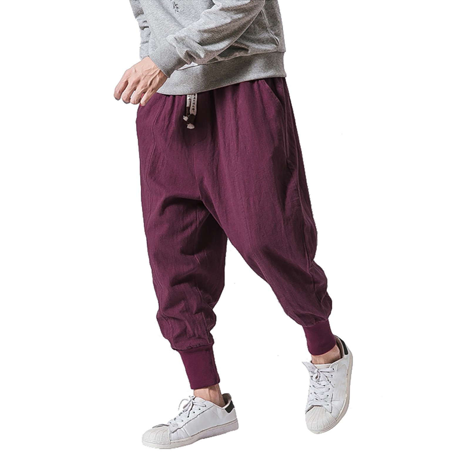 thumbnail image 3 of Pantalones de algodón y lino con entrepierna baja para hombre: cintura elástica, pantalones informales para todas las estaciones, tallas M-XXXL, 3 of 8